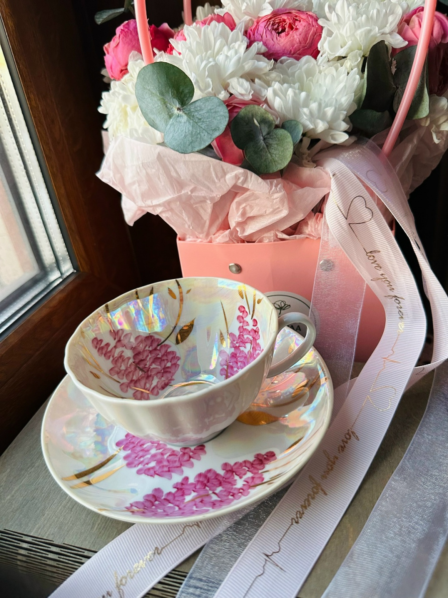 Чашка чайная с блюдцем 275 мл Белый лебедь Розовая сирень