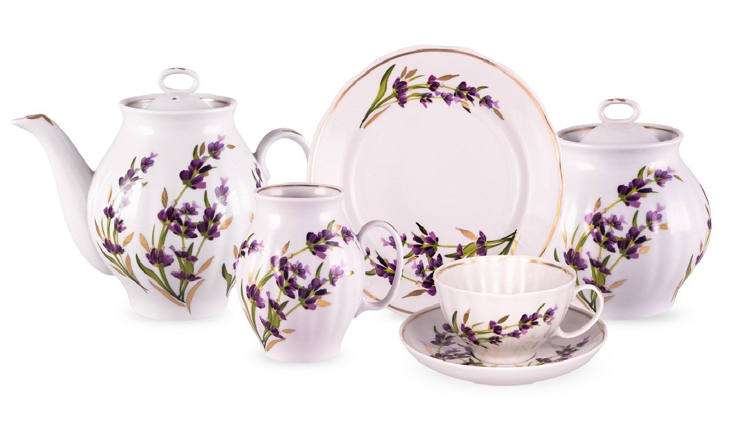 Сервиз чайный 21 предм. Белый лебедь Лаванда Отводка золотом