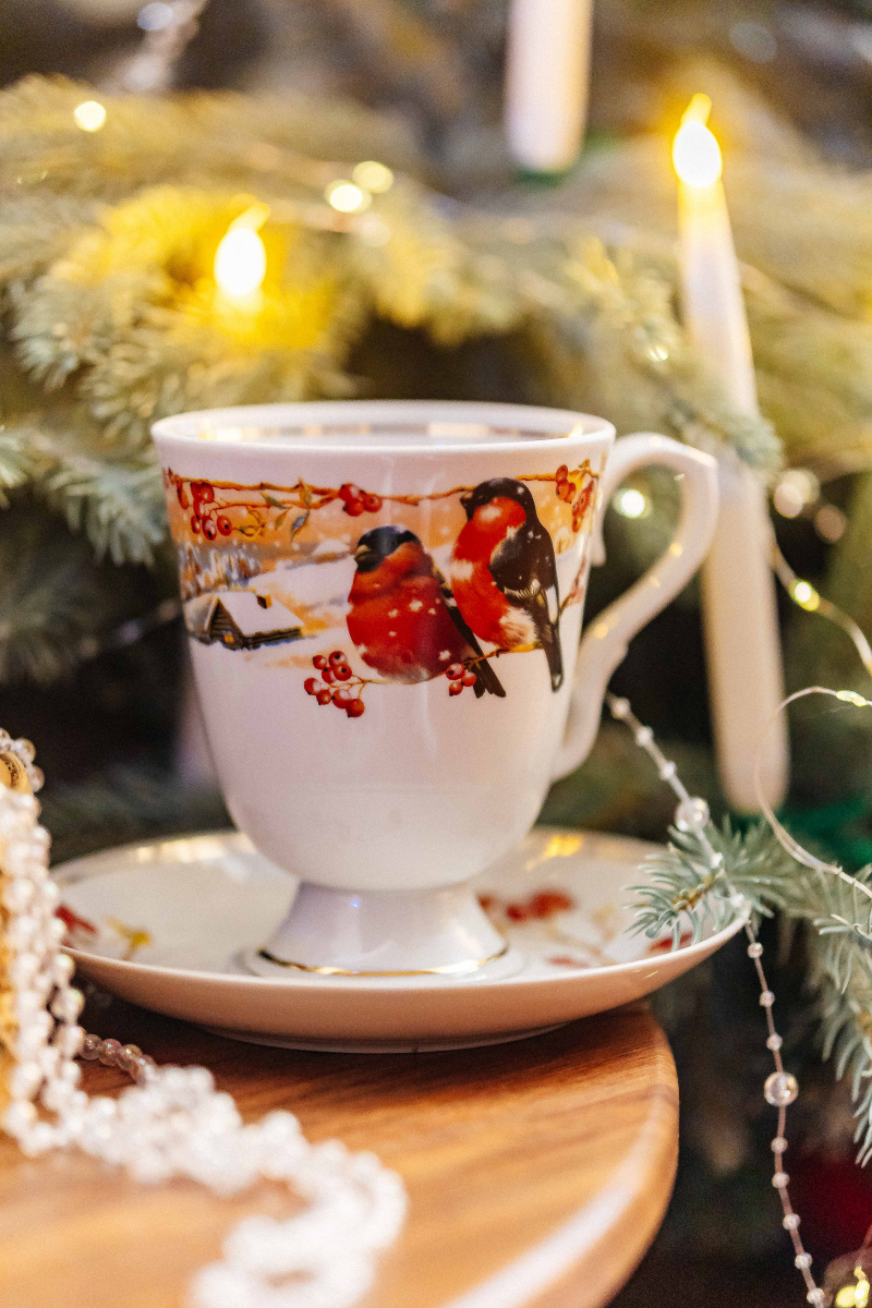 Бокал с блюдцем 600 мл Классический Снегири Отводка золотом