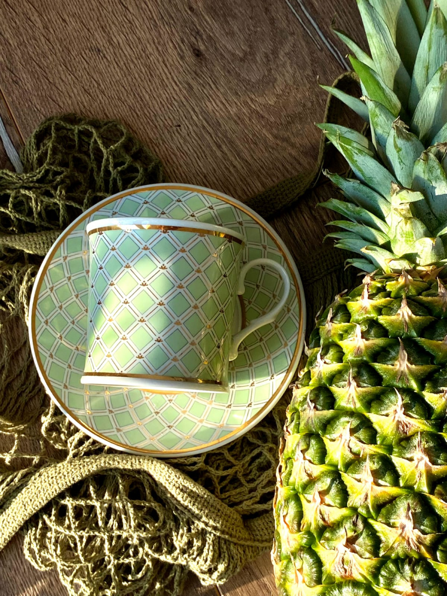 Чашка чайная с блюдцем 220 мл Николаевский Сеточка Зелёный