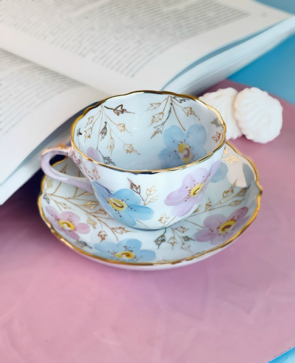 Чашка чайная с блюдцем 180 мл Дулька Цвет Яблони авт.рос.Безенкова М.Л.