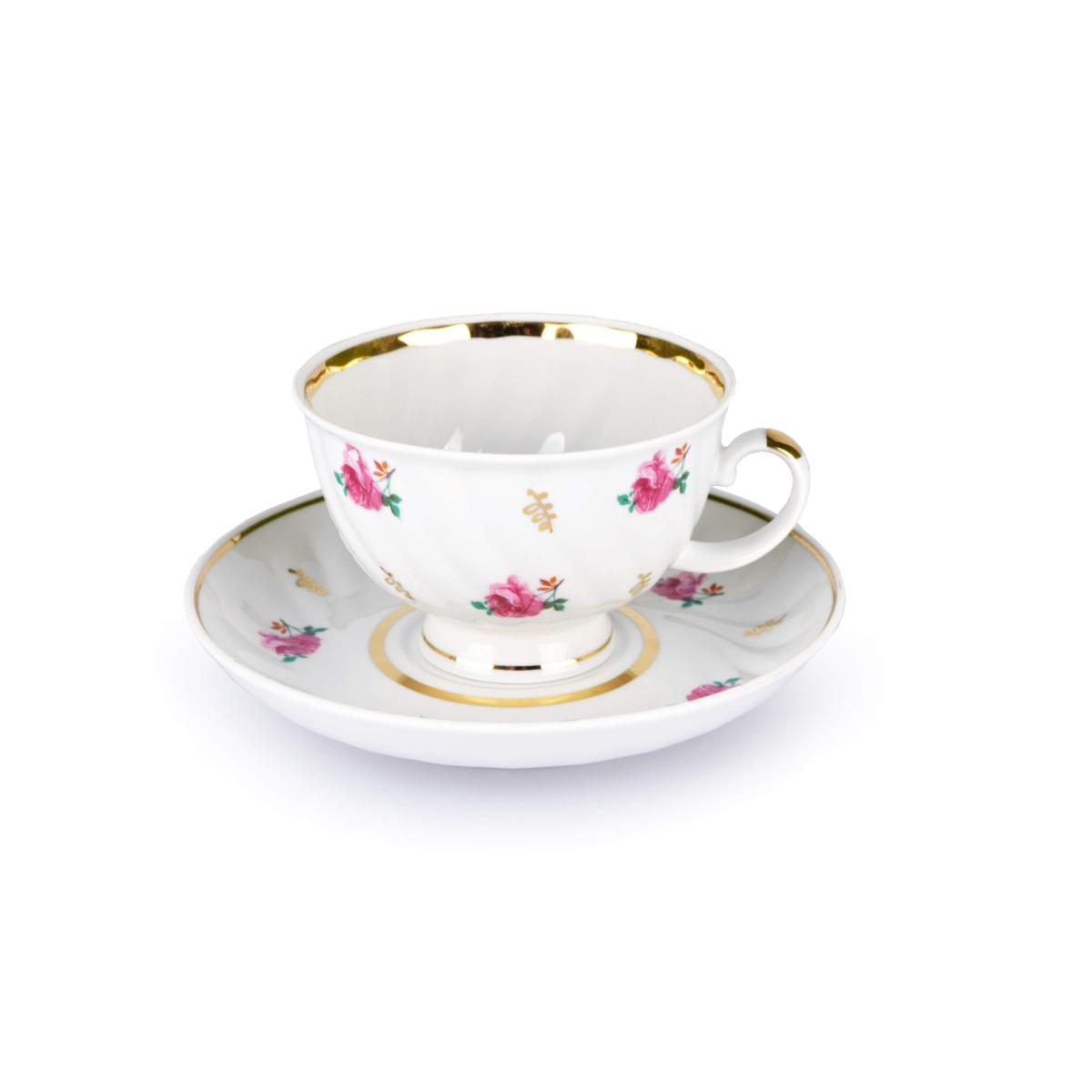 Чашка чайная с блюдцем 350 мл Голубая роза Розовый ситец