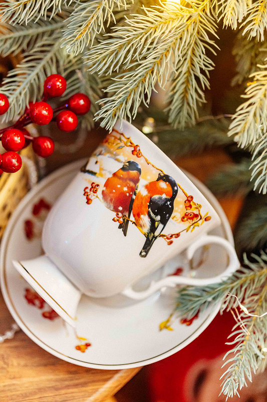 Бокал с блюдцем 600 мл Классический Снегири Отводка золотом