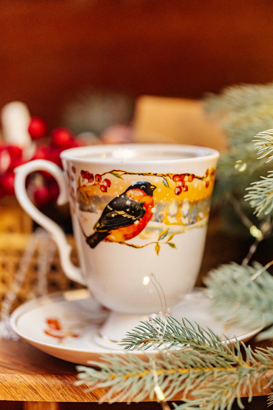 Бокал с блюдцем 600 мл Классический Снегири Отводка золотом